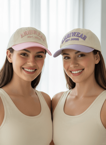 Two girls wearing beige caps with visible branding against a white curtain background
