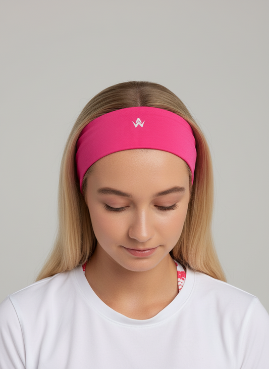 Girl wearing a pink headband with a logo on a plain background