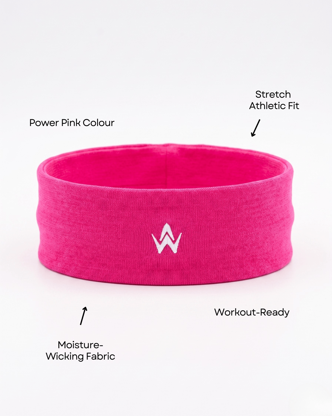 Pink headband with features labeled on a white background