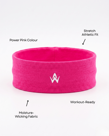 Pink headband with features labeled on a white background