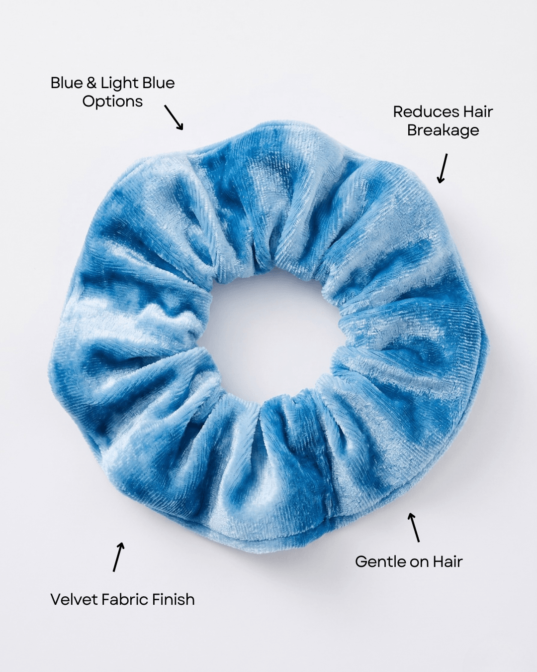 Blue scrunchie with text highlighting features on a white background
