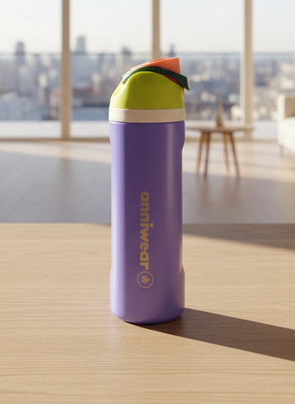 Purple water bottle with colorful cap on a wooden table with a cityscape in the background