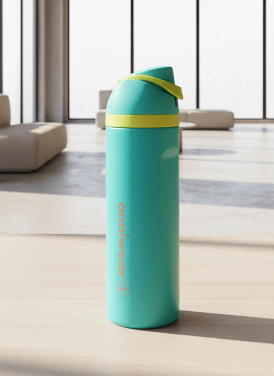 Turquoise water bottle with yellow accents on a light wooden floor.