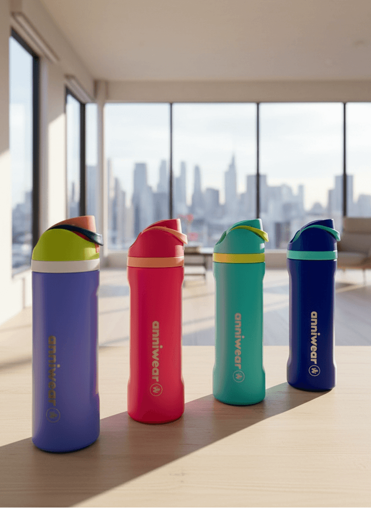 Four colorful water bottles with 'annwear' branding on a wooden surface with a cityscape background.