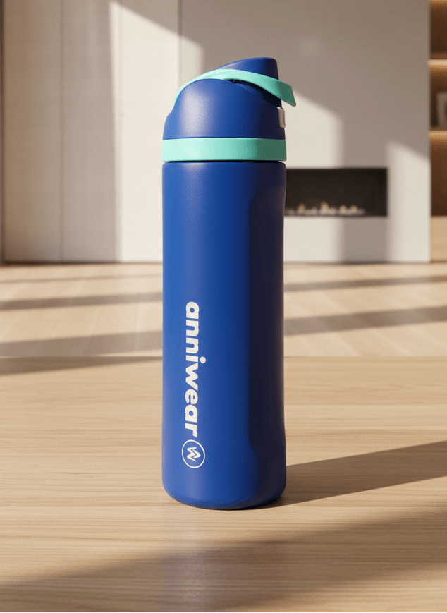 Blue water bottle with Blue cap on a wooden surface
