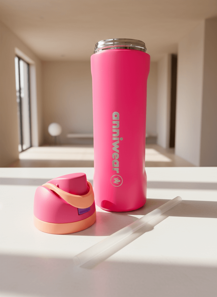 Pink water bottle with a smaller pink container on a reflective surface