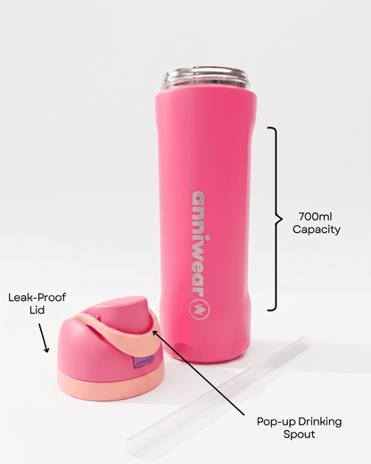 Pink water bottle with features highlighted on a white background