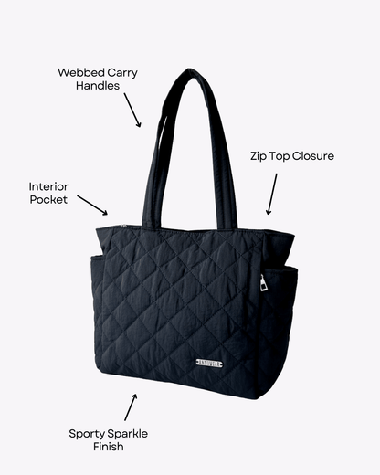 Black quilted handbag with features labeled on a white background