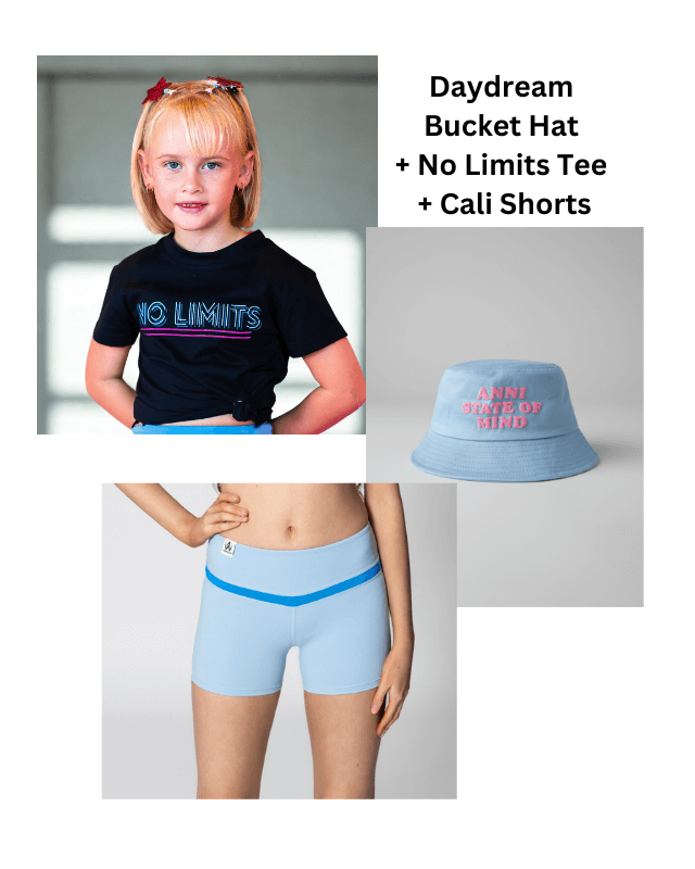 Collage of a girl wearing a 'No Limits' shirt, blue bucket hat, and light blue shorts with text indicating clothing items.