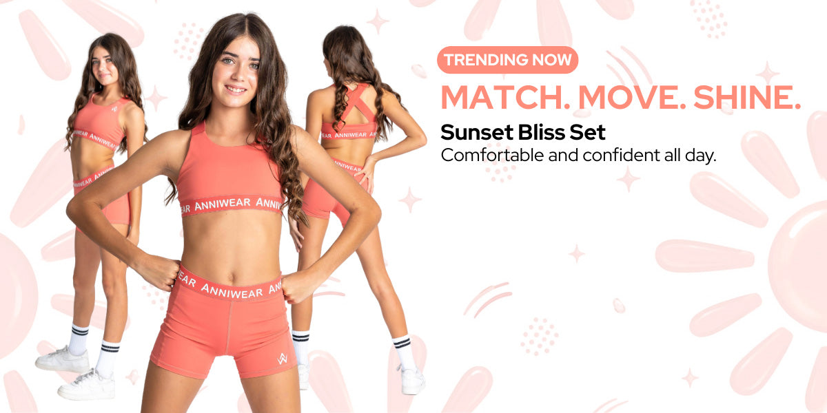 A promotional fashion image showing a woman modeling a coral pink activewear set consisting of a sports bra and matching shorts. Two other views of the same model are shown in the background, alongside marketing text that reads 'TRENDING NOW MATCH.