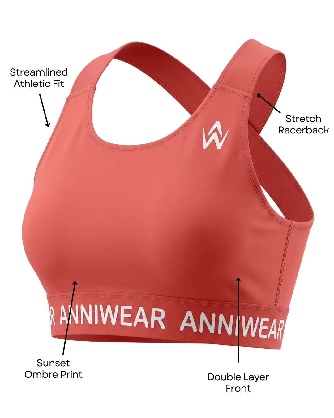 Coral sports bra with ANNIWEAR branding, labelled features on a white background