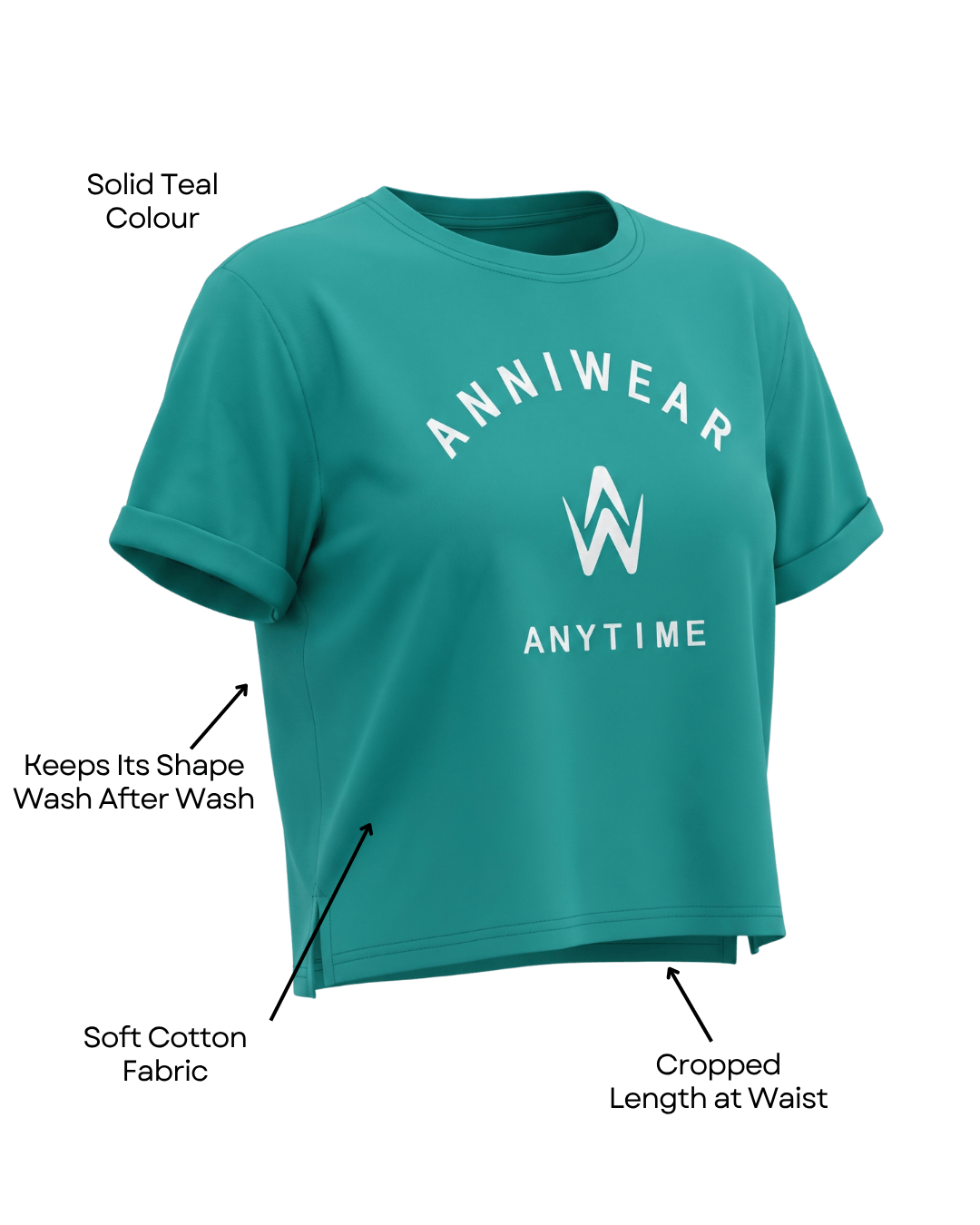 Teal t-shirt with 'ANNIWEAR ANYTIME' text and logo on a plain background