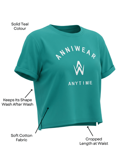 Teal t-shirt with 'ANNIWEAR ANYTIME' text and logo on a plain background