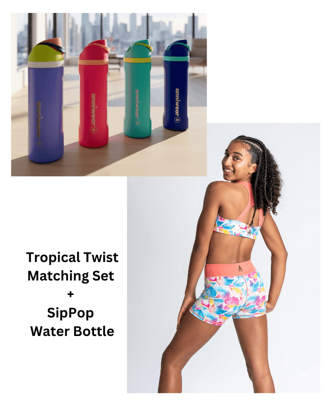 Tropical Twist matching set and SipPop water bottles with a model wearing colorful swimwear.