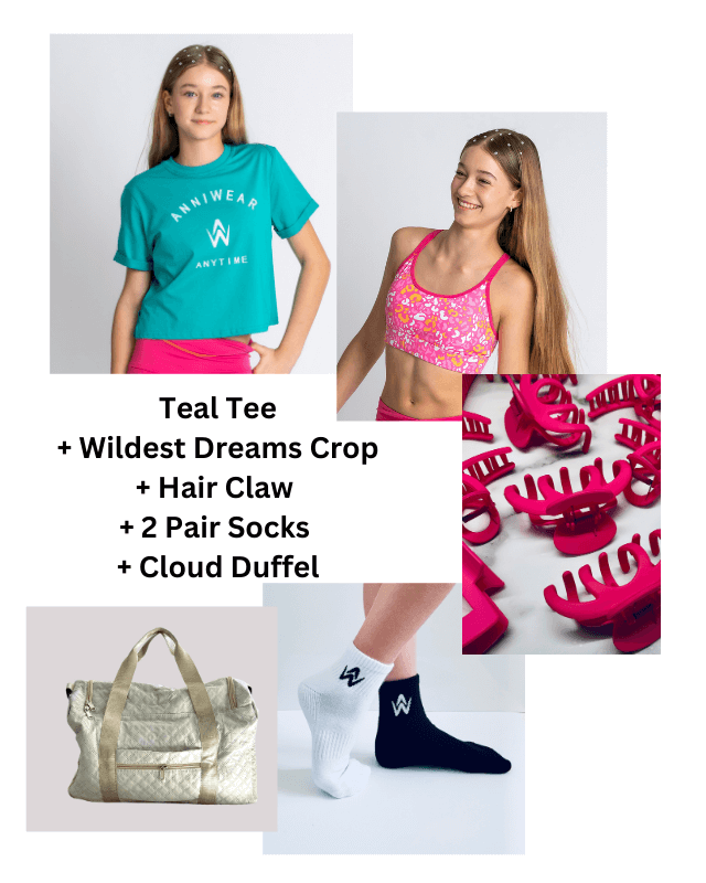 Collage of athletic wear and accessories with a girl in teal tee and pink shorts.