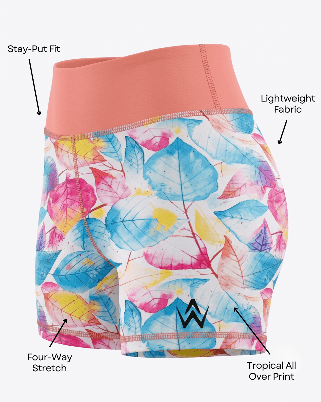 A pair of women's athletic shorts with a coral pink waistband and a tropical leaf print in blue, pink, yellow, and white. The image includes text callouts and arrows pointing to features like 'Stay-Put Fit,' 'Lightweight Fabric,' 'Four-Way Stretch,' and 'Tropical All Over Print.