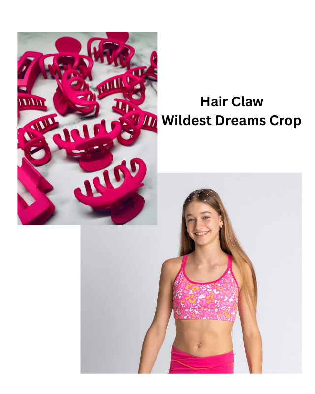 Pink hair claws with a girl wearing a pink sports bra and shorts on a white background.