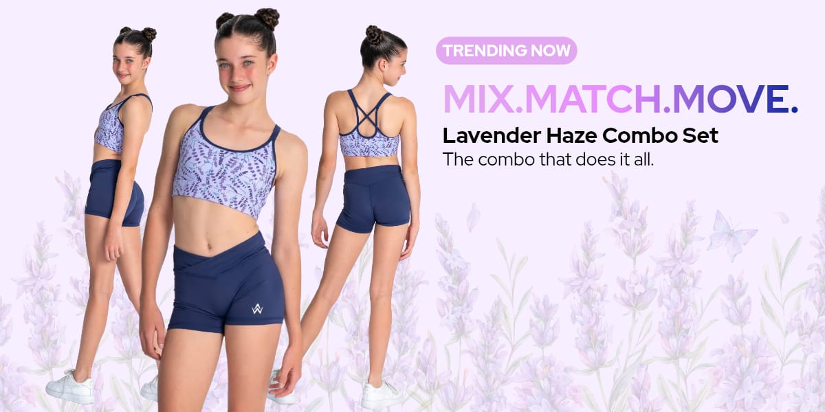 Three views of a girl modeling a lavender and navy athletic combo set against a light lavender background with floral illustrations and promotional text.