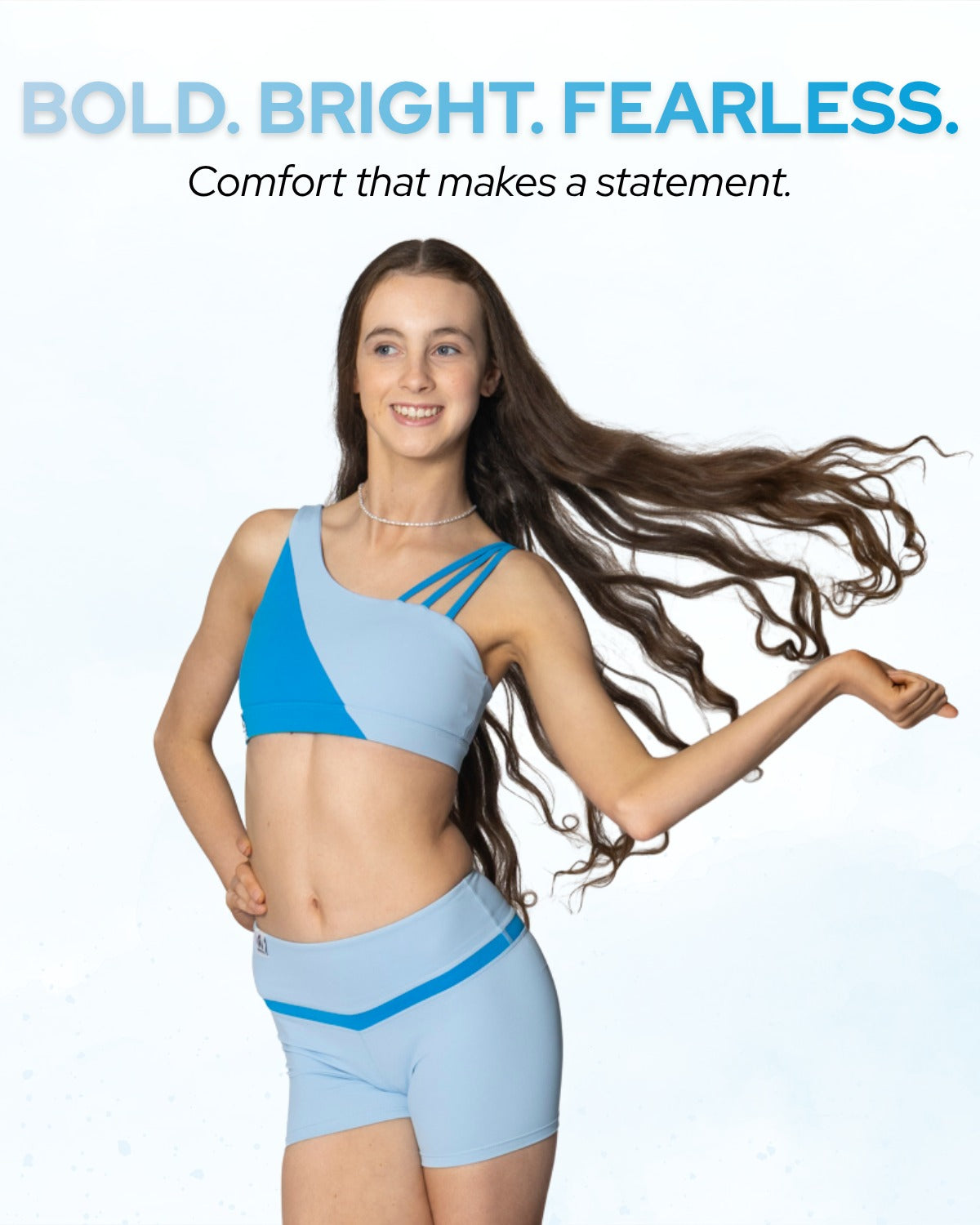 A woman modeling a light blue and bright blue activewear set against a white background with promotional text at the top reading 'BOLD. BRIGHT.