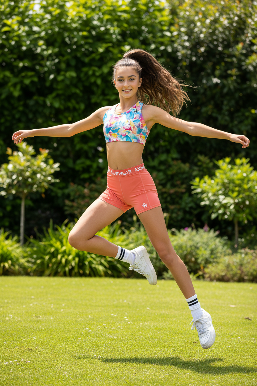 Girl in colorful athletic outfit jumping outdoors on grass with greenery in the background
